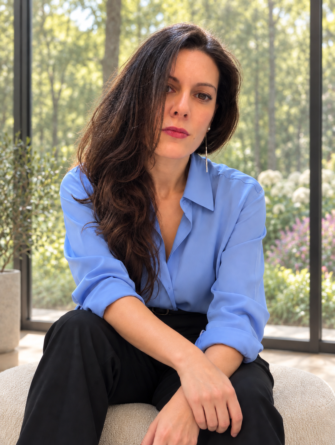 Irene Montes, fundadora de Médicos Celestes, ante un ventanal con vistas al bosque