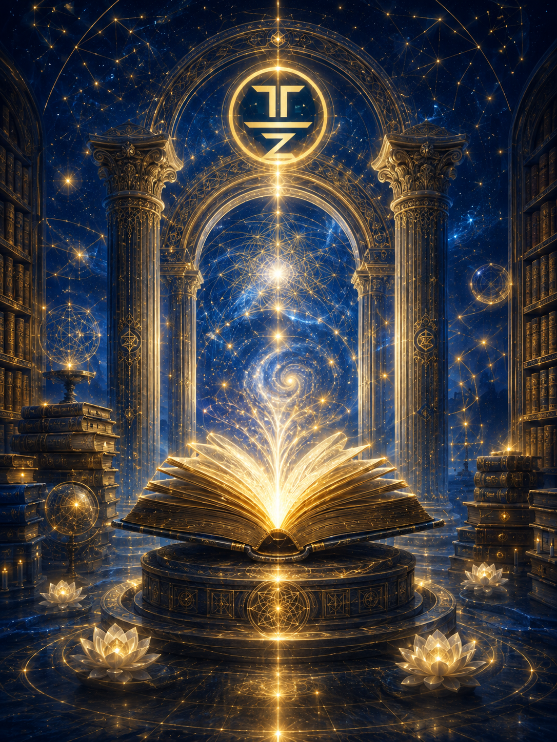 Libro abierto y luminoso en una biblioteca celeste de Médicos Celestes