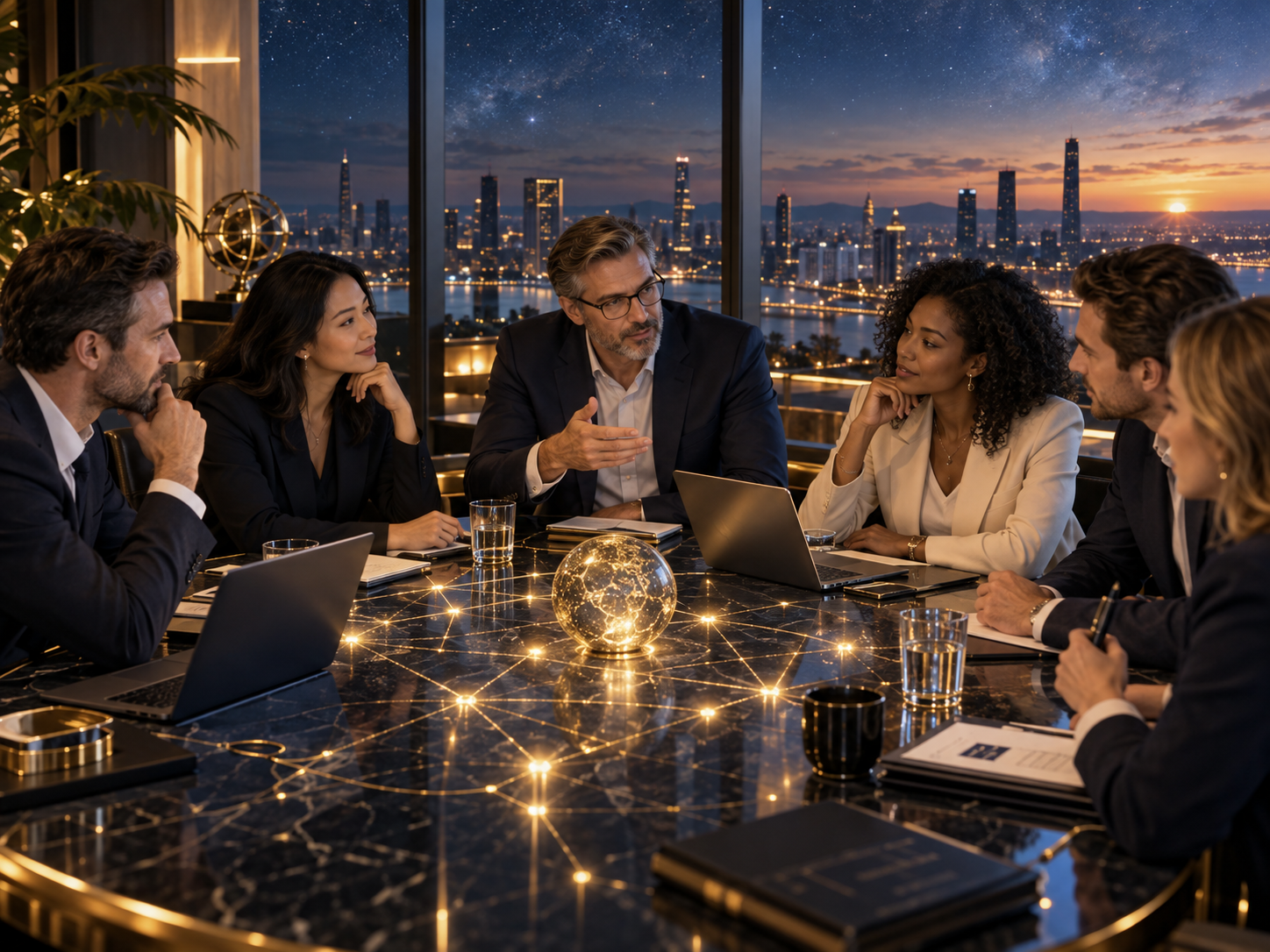 Equipo directivo reunido alrededor de un mapa de relaciones y visión compartida
