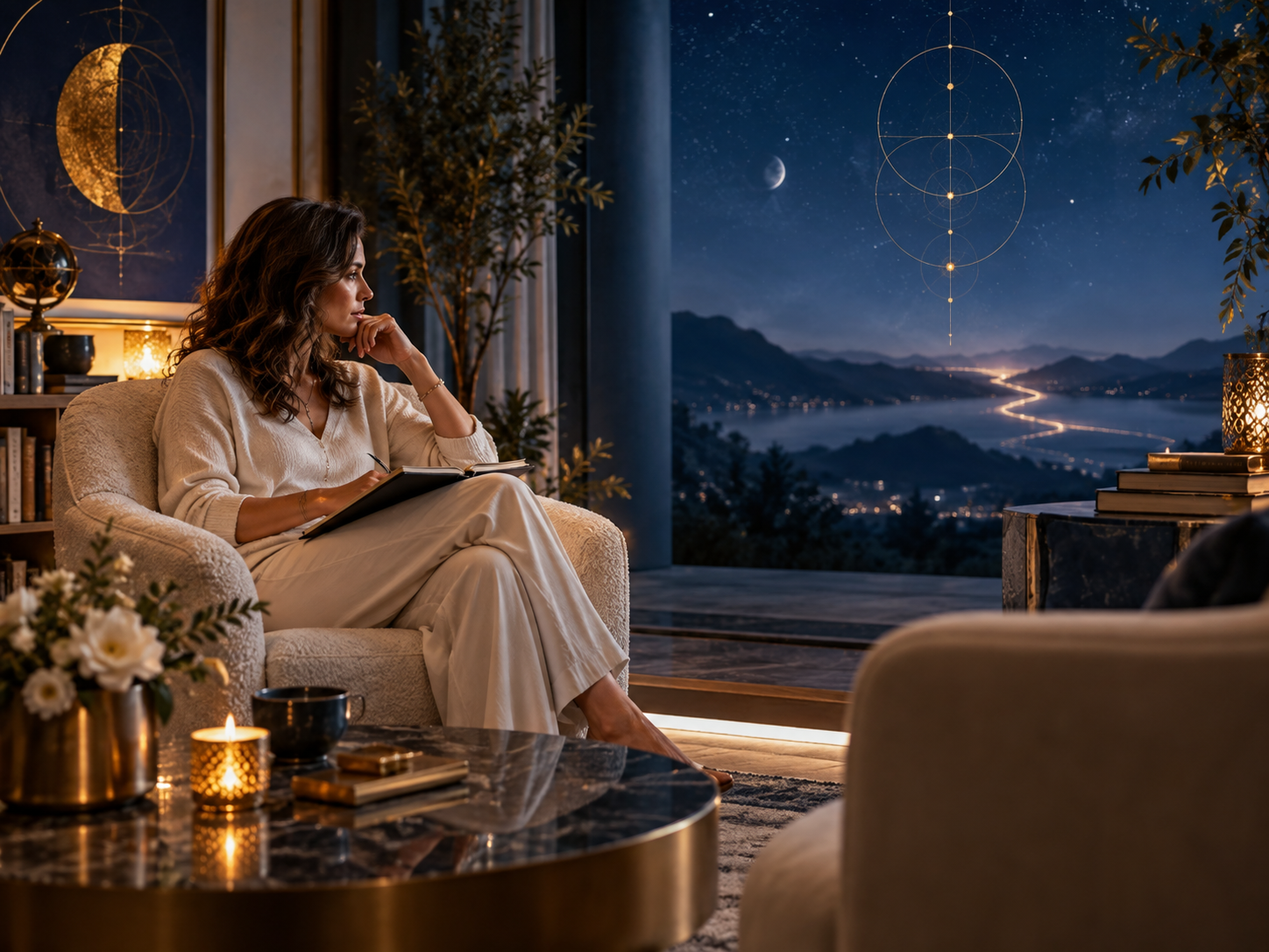 Mujer en un espacio de escucha interior ante un paisaje nocturno
