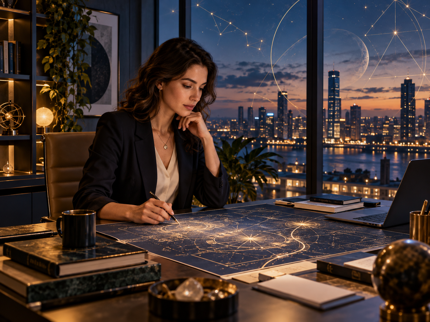 Profesional observando un mapa simbólico de decisiones y propósito