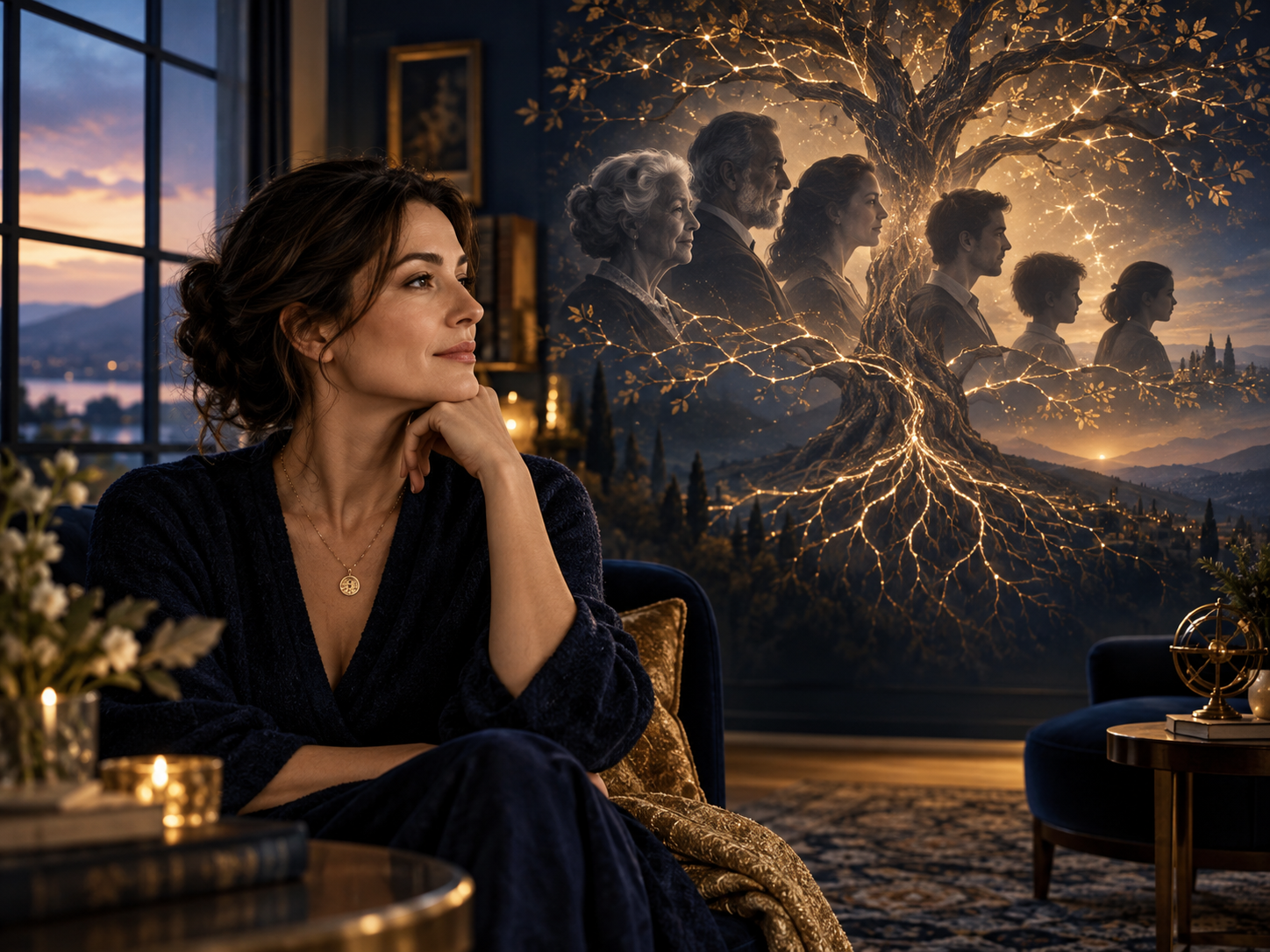 Mujer contemplando un árbol luminoso que representa distintas generaciones familiares
