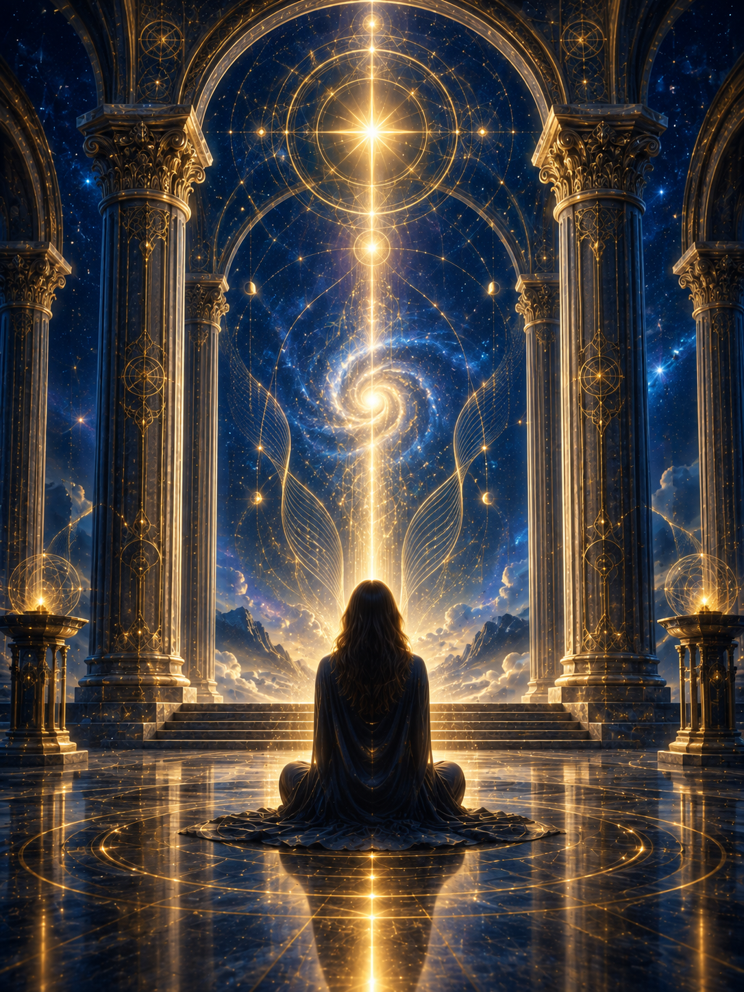 Figura en meditación ante un umbral celeste de geometría, luz y símbolos