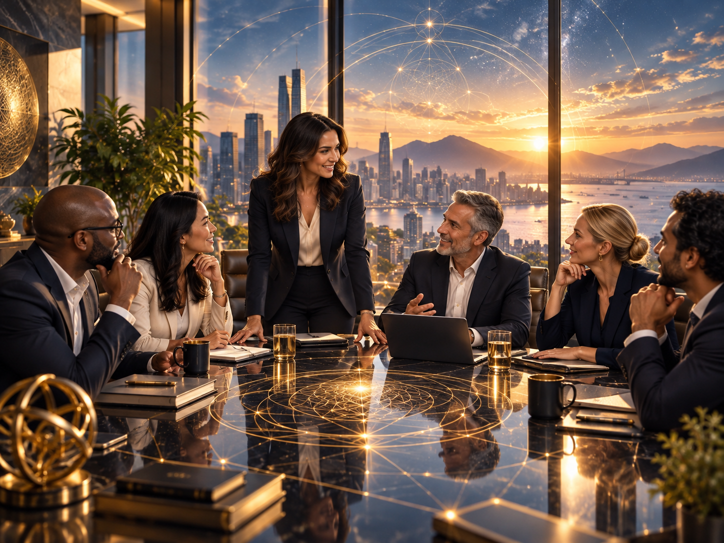 Equipo directivo diverso trabajando en una estrategia empresarial