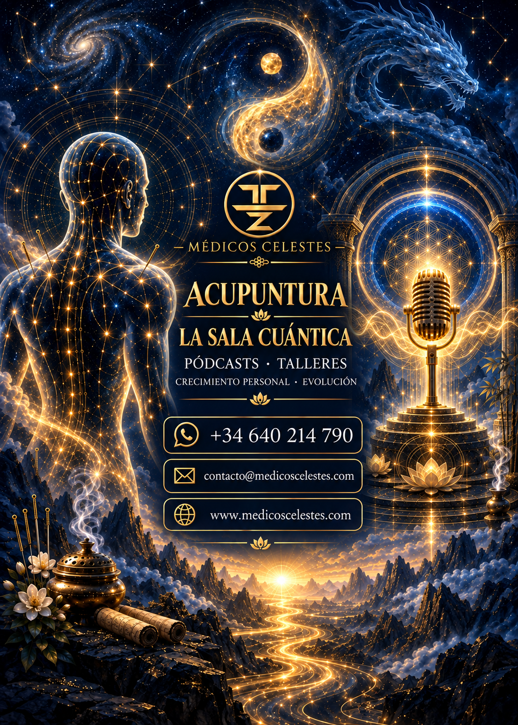 Tarjeta de Médicos Celestes sobre acupuntura y La Sala Cuántica con pódcast, talleres y datos de contacto